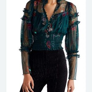 Free People Time for Shine Green Floral Romantic Mesh Sheer Blouse